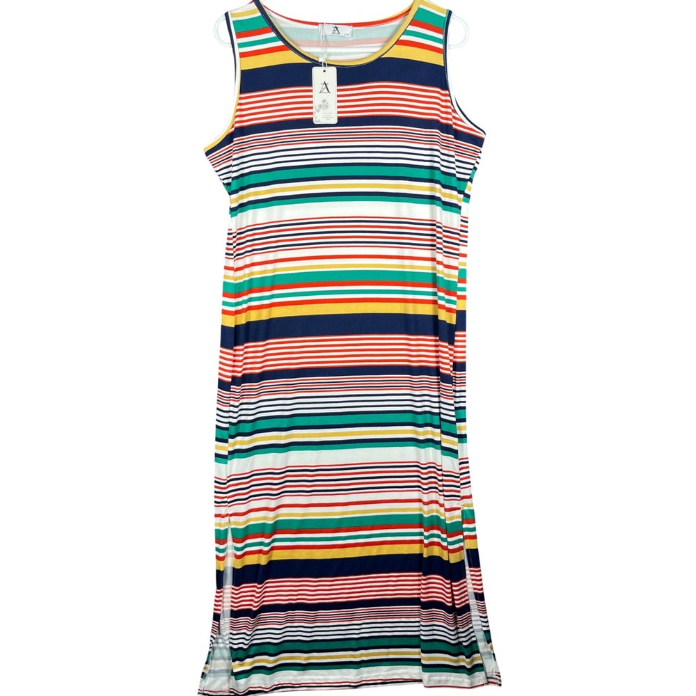 AZ‎ Striped Sleeveless Midi Dress Womens L/XL Multicolor Crew Neck Side Slit NEW